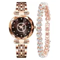 Élégant coffret montre quartz femme or rose avec bracelet cristal en forme de cœur - Montre Cadran Café + Ensemble Bracelet / Café