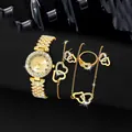 Luxury gold-tone women's jewelry set featuring a rhinestone-encrusted quartz watch and heart jewelry - Heart Set (No Box) / Gold