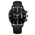 Detailed view of men's quartz watch with black silicone strap and rose gold indices - 商务三眼计时皮带款式 / Black Case Black Dial Rose Gold Hands