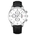 Detailed close-up of a men's quartz watch with a white dial and black strap - 商务三眼计时皮带款式 / Silver Case White Dial Silver Hands