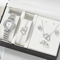 Detailed view of luxury silver rhinestone watch and double heart jewelry gift set - Heart Set (With Box) / Silver