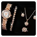 Rose gold luxury rhinestone watch with matching necklace, bracelet, earrings and ring set - Three-Stone Square Set (No Box) / Rose Gold
