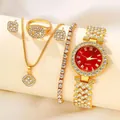 Luxury gold-tone women's jewelry set with rhinestone watch and accessories - Single Row Square Set (No Box) / Red Dial Gold