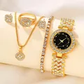 Detailed view of elegant 5-piece gold watch and rhinestone jewelry set for women - A23 Single Row Square (No Box) / Gold
