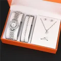 Élégant coffret montre à quartz argentée 5 pièces avec collier bracelet boucles bague - A5 Style Argent / Avec Boîte Cadeau