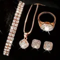 Elegant rose gold jewelry set with square zircon necklace, bracelet, earrings, and ring. - Rose Gold Double Row Bracelet + Rose Gold Square Necklace Ring Earrings Four-Piece Set