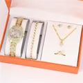 Elegant 5-piece women's gold jewelry set with a rhinestone watch in an orange gift box - 5048 Gold Style / With Gift Box