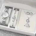 Elegante zilverkleurige dameskwartshorloge en kristallen sieradenset in witte geschenkdoos - 5-Piece Gift Set Style / Watch+Necklace+Bracelet+Earrings+Ring (With Box) / Zilver (Grote Diamant 5-Delige Set)