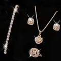 Luxury rose gold jewelry set with cubic zirconia necklace bracelet ring and earrings - Rose Gold Single Row Bracelet + Rose Gold Square Necklace Ring Earrings Four-Piece Set