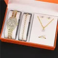 Luxurious 5-piece gold women's jewelry set with rhinestone watch in elegant orange box - 5048 Gold Style / Without Box