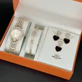 Heart jewelry set with crystal watch, necklace and bracelet in orange gift box - A1 White Dial Style