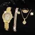 Detailaufnahme des luxuriösen goldfarbenen Uhren- und Schmucksets mit Strass für Damen - 5-teiliges Set / Gold Römisches Zifferblatt