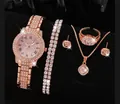 Roségoldenes Quarzuhren-Set mit passender Kristallkette, Armband und Ohrringen - 6-Teiliges Set / Roségold Römisches Zifferblatt