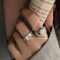 Light luxury silver geometric rings set featuring a sparkling green square stone - Square Stone Ring with Geometric Band Set / Silver Two-Piece Set (J2623)
