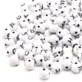 Detail view of 8mm white acrylic round beads with black printed letters for DIY crafts - 8mm (Approx. 1800 Pcs/Pack) / White Base Black Font