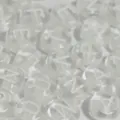 Close-up detail of clear acrylic round alphabet beads with white uppercase letters - 4000 Pieces/Pack / Transparent White with White Letters