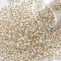 Close-up detail of silver 2mm glass seed beads for bohemian jewelry making and DIY crafts. - 2mm/1200 Pcs/Tube / White