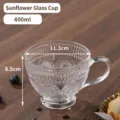 Retro Sonnenblume geprägte Glastasse 400ml klare Frühstücks-Kaffeetasse mit Griff - Transparent Sunflower Style / 400ml