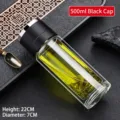 500 ml Premium Borosilikatglas Tee-Wasser-Trennflasche mit elegantem schwarzem Deckel - Schwarz / 500ml Packung