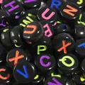 7mm black acrylic round flat beads with colorful engraved alphabet letters for DIY - 4000 Pieces/Pack / Black with Multicolor Pattern