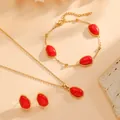 Vergulde roestvrijstalen sieradenset met ovale rode stenen op ketting en armband - Rode Sieradenset (A521-A619-A621) / Goud