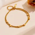 Elegant double-layer golden stainless steel square bead snake chain anklet for women - Gold Double Layer Cube Bracelet