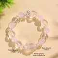White crystal and pink quartz beaded bracelet with carved nine-tailed fox pendant - Rose Quartz & White Crystal