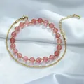 Double-layer strawberry quartz and 14K gold filled bracelet for women - Double Layer Bracelet Set / Pink Gold