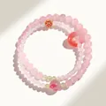Elegante bracciale a doppio giro di perline di cristallo rosa con ciondolo a fiore e agata - Quarzo Rosa Stile H