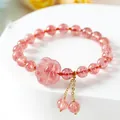 Natuurlijke aardbeienkwarts kristallen armband met kattenpoot hanger en kwastjes - Roze Kattenpoot Stijl