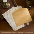 Vintage writing paper and envelope set with gold foil accents and wax seal - 1 envelope + 3 pieces of white deer stationery + 1 fire paint sticker
