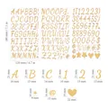 Detailed dimensions for gold 3D metallic alphabet and number stickers in mm and inches. - Handwritten Bubble Letters 3 Sheets/Set / Gold