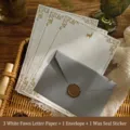 Set di carta da lettere e busta vintage con motivo cervo dorato - Grigio / 1 Busta + 3 Carte Cervo Bianco + 1 Adesivo Sigillo di Ceralacca