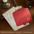Retro letter writing paper and red envelope set with golden deer design - 1 envelope with gold list title + 3 pieces of white deer stationery + 1 fire paint sticker