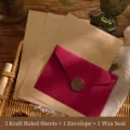 Set di cancelleria vintage: 3 fogli a righe, 1 busta bordeaux e 1 adesivo con sigillo cera - Rosso scuro / 1 Busta + 3 Carte Kraft Righe + 1 Adesivo Sigillo