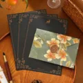 Vintage stationery set with floral envelope, wax seal, and black deer letter paper - Envelope + 3 Sheets of Black Deer Letter Paper + 1 Wax Seal / 11x16cm / Green