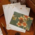 Vintage floral invitation envelope and gold deer letter paper set on a rustic wooden tray - Envelope + 3 Sheets of White Deer Letter Paper + 1 Wax Seal / 11x16cm / Green