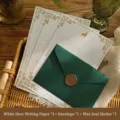 Set di cancelleria vintage con carta motivo cervo, busta verde e sigillo di cera - Verde Scuro / 1 Busta + 3 Carte Cervo Bianco + 1 Adesivo Sigillo di Ceralacca