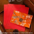Vintage embossed floral envelope set with red deer stationery and golden wax seal - Orange Floral Envelope + Red Deer Stationery / 1 Envelope + 3 Sheets of Paper + 1 Wax Seal Sticker / Orange