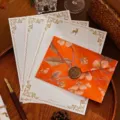 Vintage floral orange envelope set with wax seal and three deer patterned writing paper sheets - Orange Floral Envelope + White Deer Stationery / 1 Envelope + 3 Sheets of Paper + 1 Wax Seal Sticker / Orange