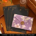 Elegant vintage floral envelope set with black deer letter paper and wax seal invitation - Purple Embossed Envelope + Black Deer Stationery / 1 Envelope + 3 Sheets of Paper + 1 Wax Seal Sticker / Purple