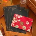 Vintage floral envelope with elegant wax seal and three black stag writing papers - Envelope + 1 Wax Seal + 3 Sheets of Writing Paper / 11x16cm / Red (Black Deer)