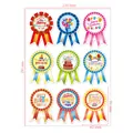 Detail showing dimensions of nine colorful Happy Birthday ribbon stickers on a large sheet - Happy Birthday / 9 Pieces