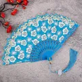 Chinese style folding fan blue floral hand fan with tassel elegant lace accessory for women. - Sky Blue Cherry Blossom Fans with Large Tassels