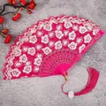 Details of vibrant pink Chinese vintage folding fan with white floral embroidery and tassel. - Rose Red Cherry Blossom Fans with Large Tassels