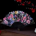 Elegante abanico plegable para mujer con estampado floral y hermosos detalles oro - Negro