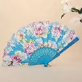 Elegant Chinese style blue folding fan with pink rose floral pattern and lace edge decoration - Sky Blue