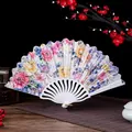 Elegant floral folding fan for ladies dancing with intricate colorful flower pattern design - White