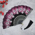 Elegante ventaglio pieghevole in stile cinese con fiori viola e nappa nera - Rosa Rosso con Nappa