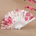 Abanico plegable de estilo chino tradicional con estampado floral para mujeres - Patrón Peonía / Rosa Blanco
